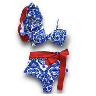 Costume due pezzi "Capri Resort" - Solido con design a volant monospalla a Vita Alta.