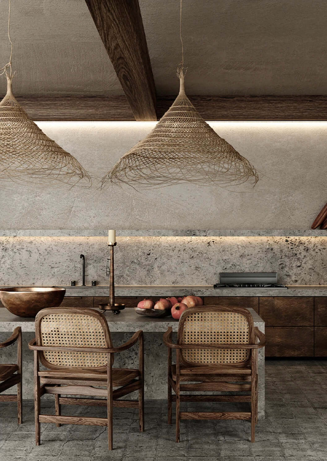 Lampadario da Esterni "Tulum Resort" - in Bambù intrecciato con finiture in Ferro Battuto.