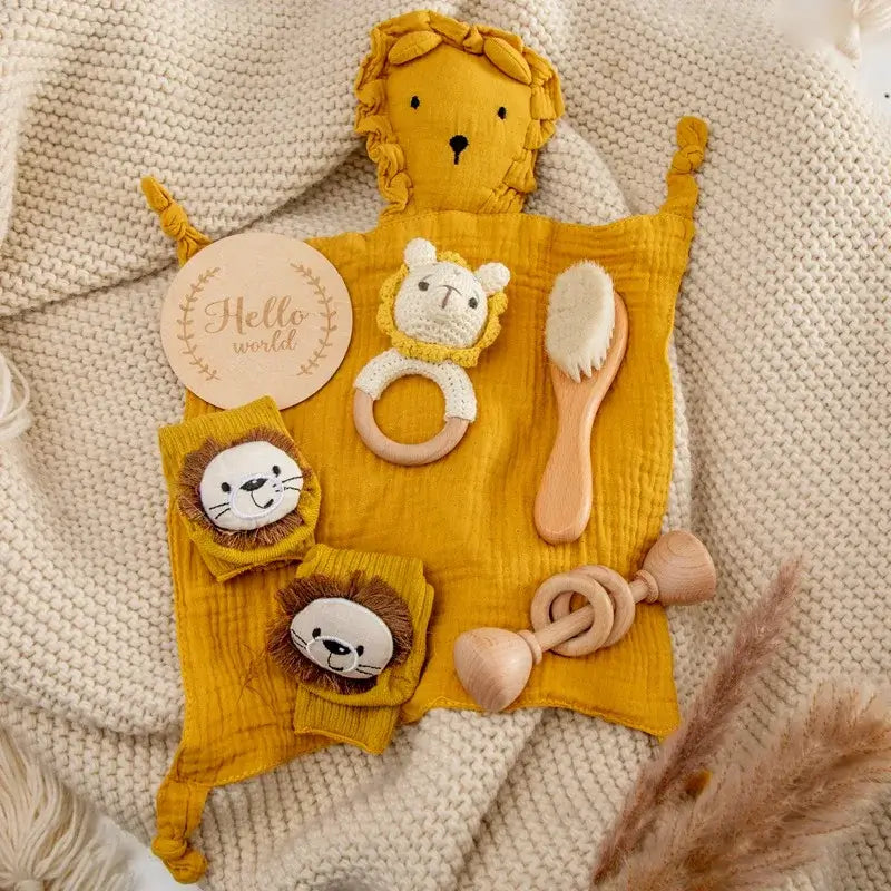Set idea regalo "Teddy Baby Shower" - un set con Asciugamano simpatico Testa di animali in cotone 100% naturale, sonaglio a uncinetto e calzini di cotone abbinati - diversi colori e modelli disponibili!