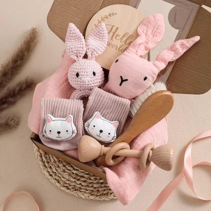 Set idea regalo "Teddy Baby Shower" - un set con Asciugamano simpatico Testa di animali in cotone 100% naturale, sonaglio a uncinetto e calzini di cotone abbinati - diversi colori e modelli disponibili!