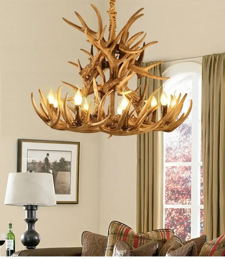 Lampadario in Stile Americano "USA Resort" - in Corno di Cervo laccato in Resina