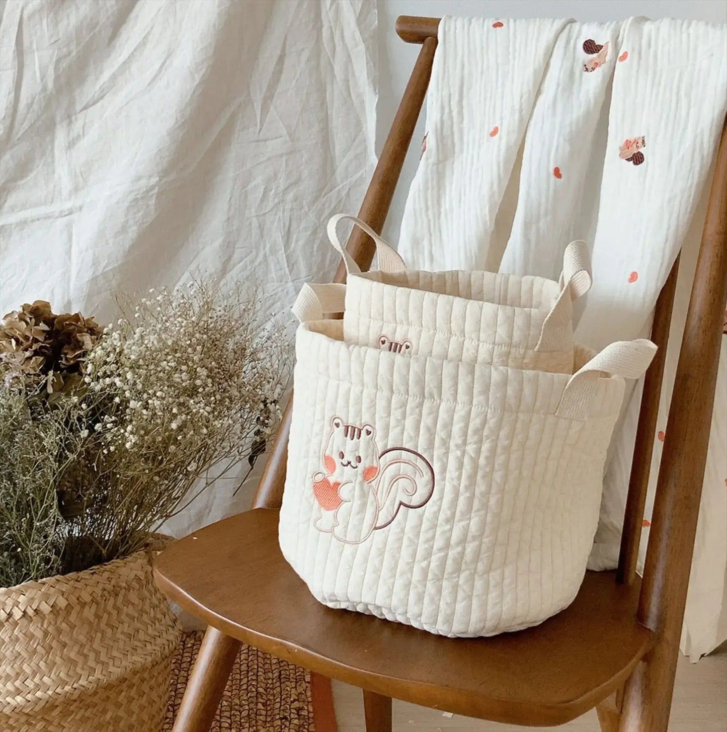 Cesta Borsa multifunzione "Teddy Ricami”- per pannolini per neonato, borsa maternità e cesta contenitore