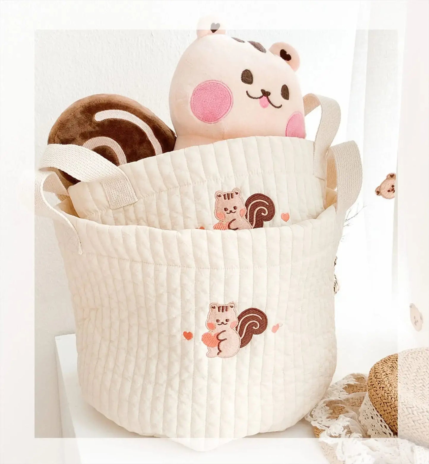 Cesta Borsa multifunzione "Teddy Ricami”- per pannolini per neonato, borsa maternità e cesta contenitore