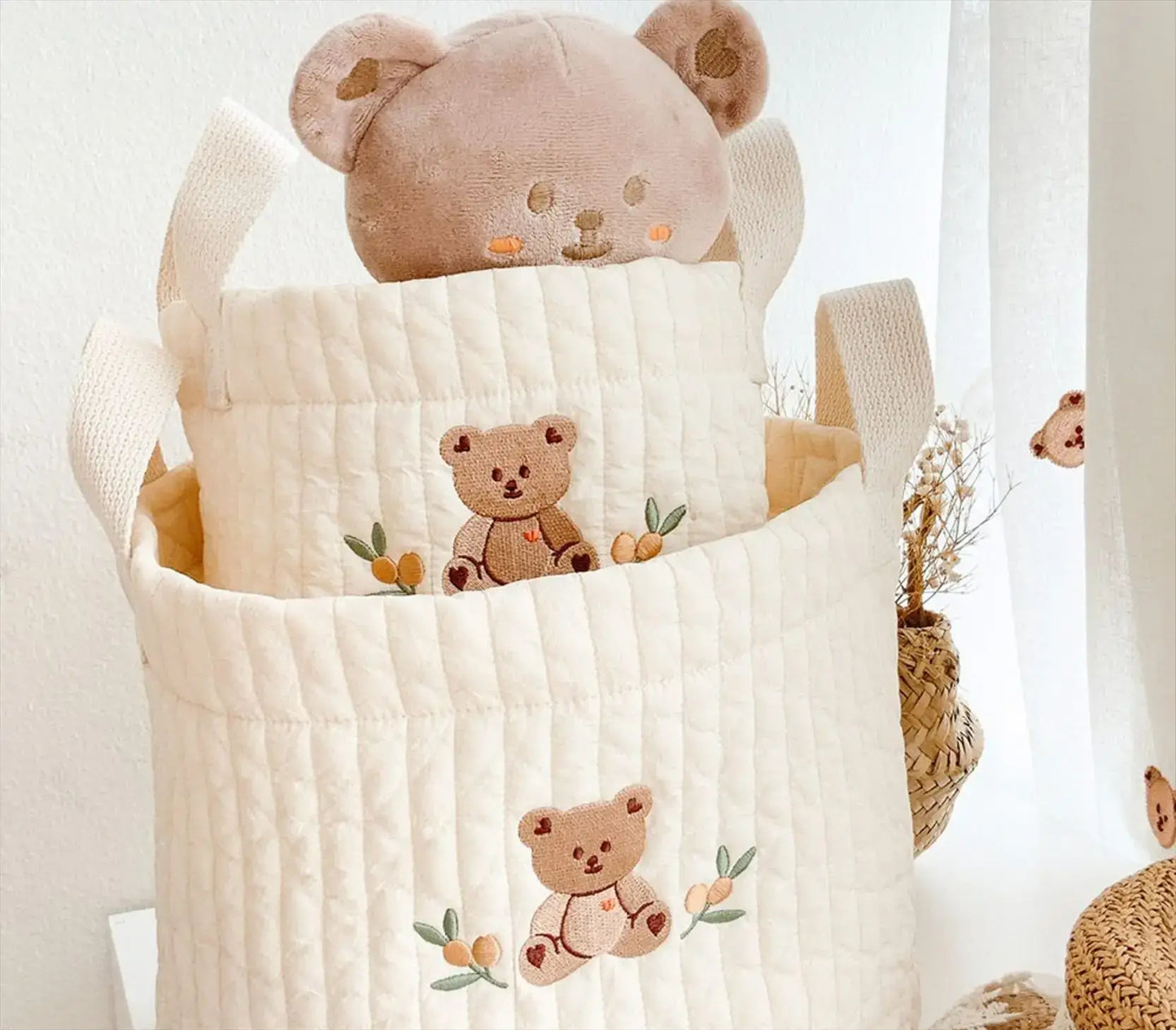 Cesta Borsa multifunzione "Teddy Ricami”- per pannolini per neonato, borsa maternità e cesta contenitore