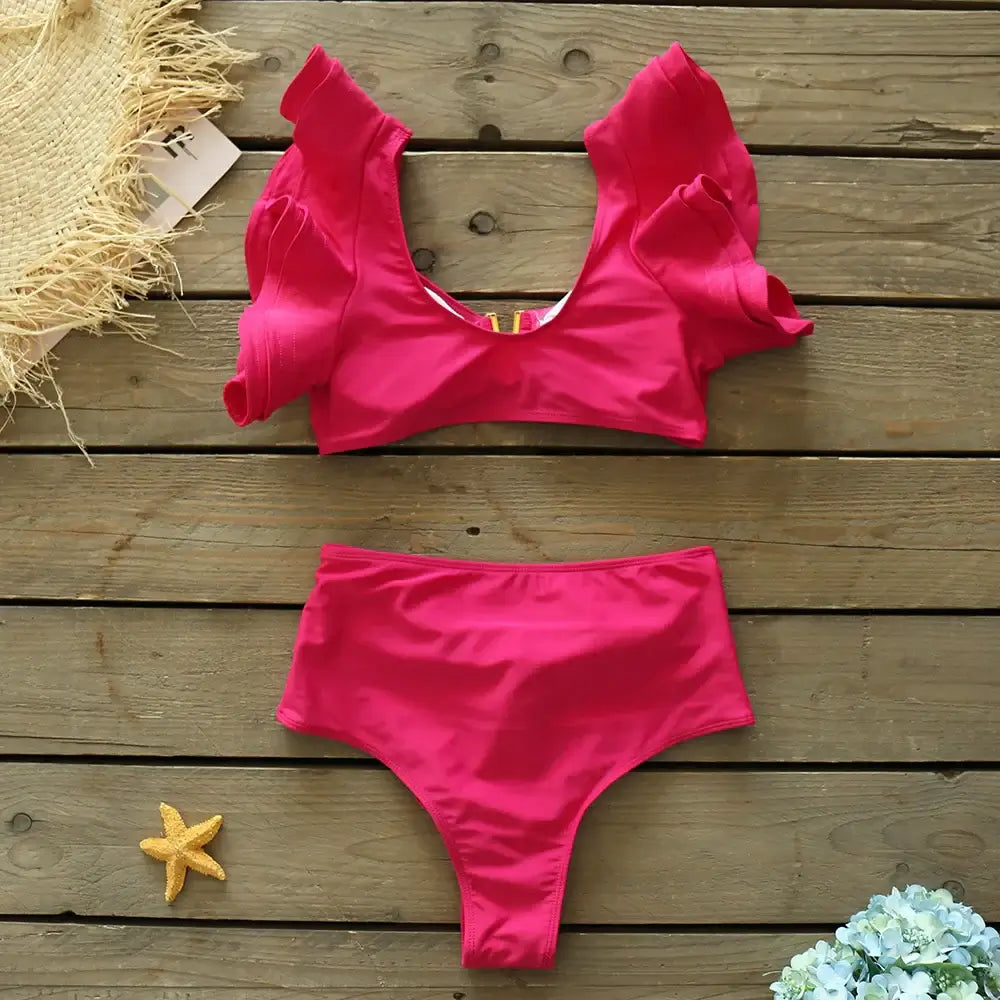 Costume due pezzi "Capri Resort" - Solido con design a volant monospalla a Vita Alta.