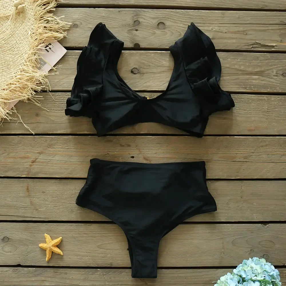 Costume due pezzi "Capri Resort" - Solido con design a volant monospalla a Vita Alta.