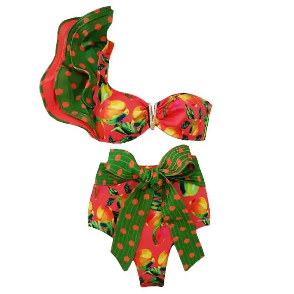 Costume due pezzi "Capri Resort" - Solido con design a volant monospalla a Vita Alta.