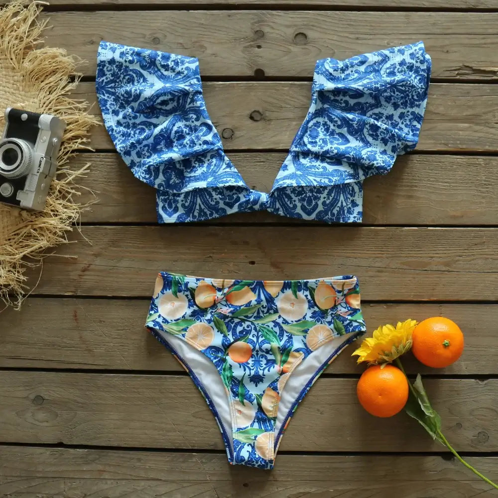 Costume due pezzi "Capri Resort" - Solido con design a volant monospalla a Vita Alta.