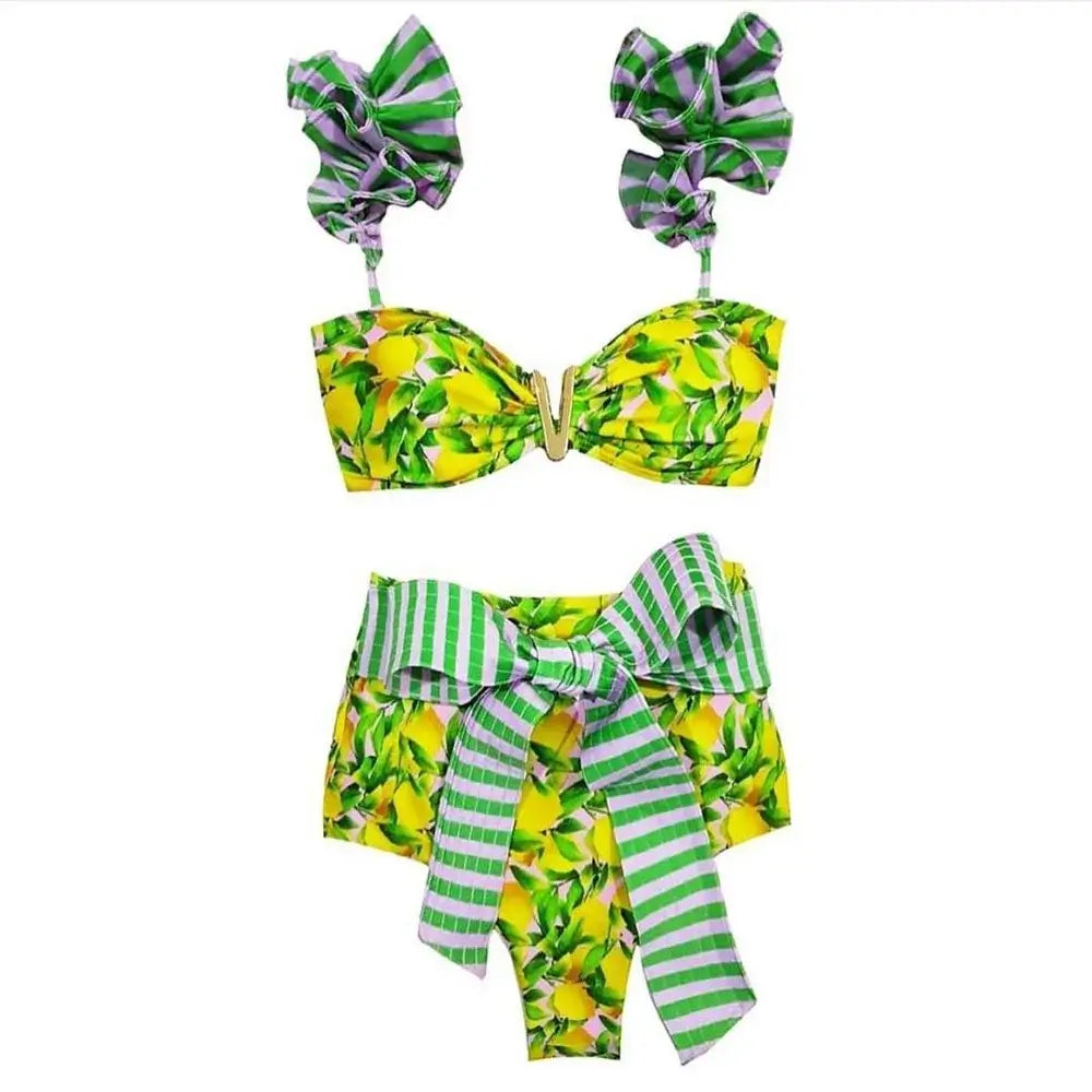 Costume due pezzi "Capri Resort" - Solido con design a volant monospalla a Vita Alta.