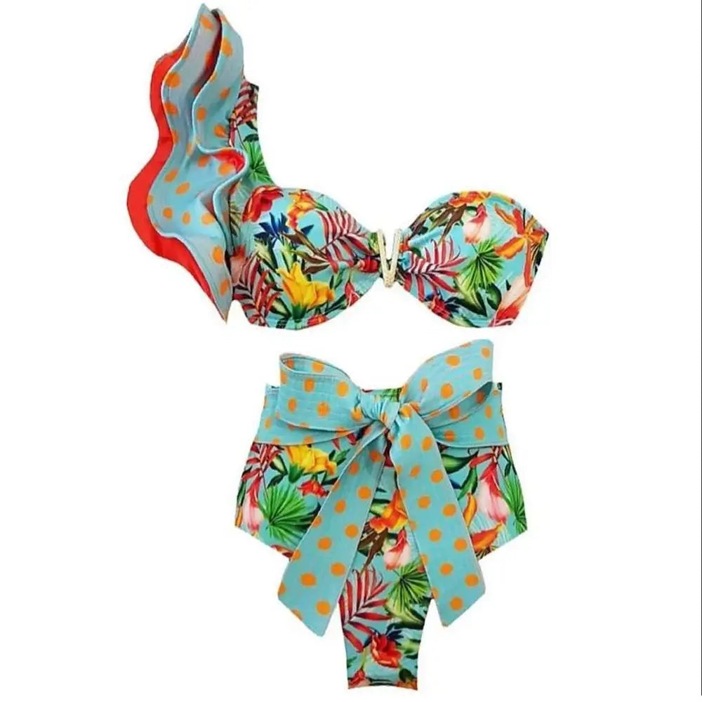 Costume due pezzi "Capri Resort" - Solido con design a volant monospalla a Vita Alta.