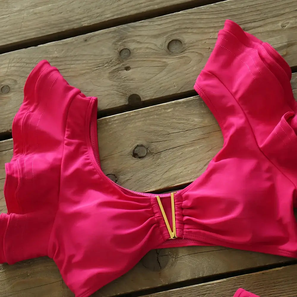 Costume due pezzi "Capri Resort" - Solido con design a volant monospalla a Vita Alta.