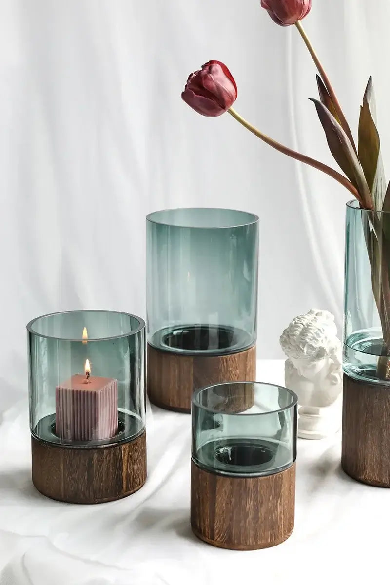Vaso in Stile nordico "Safari" - in vetro e legno in due colorazioni - multiuso per fiori e candele