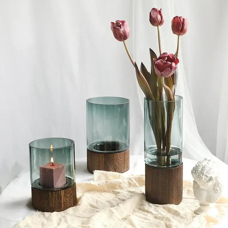 Vaso in Stile nordico "Safari" - in vetro e legno in due colorazioni - multiuso per fiori e candele