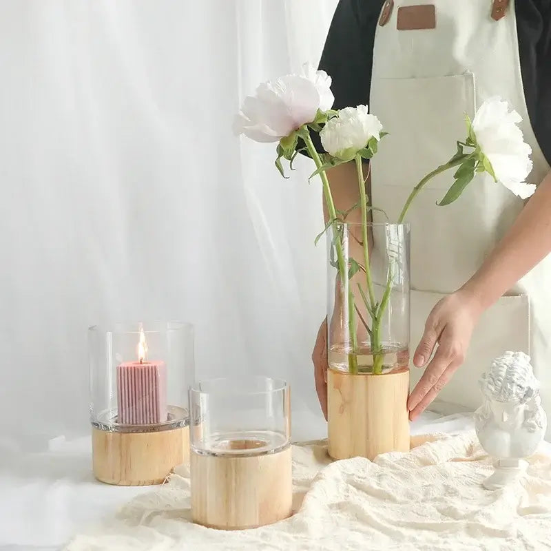Vaso in Stile nordico "Safari" - in vetro e legno in due colorazioni - multiuso per fiori e candele