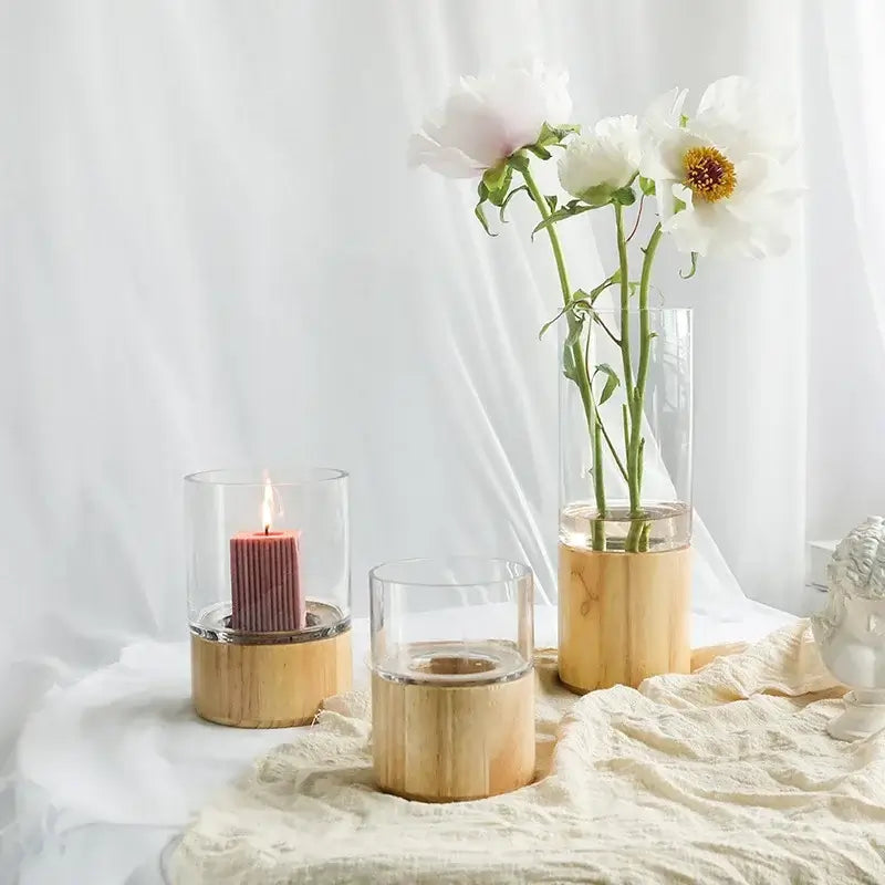 Vaso in Stile nordico "Safari" - in vetro e legno in due colorazioni - multiuso per fiori e candele
