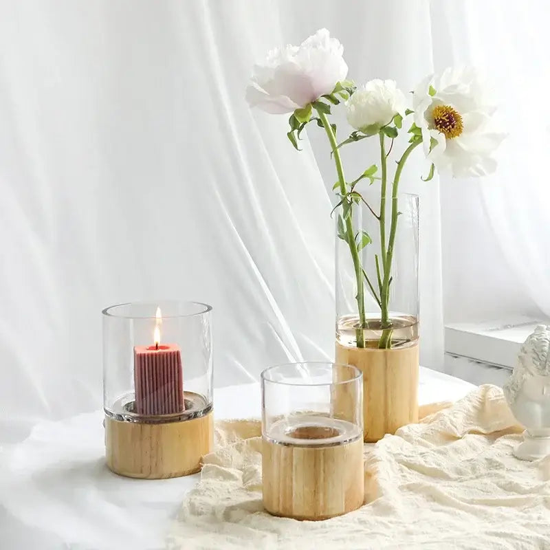 Vaso in Stile nordico "Safari" - in vetro e legno in due colorazioni - multiuso per fiori e candele