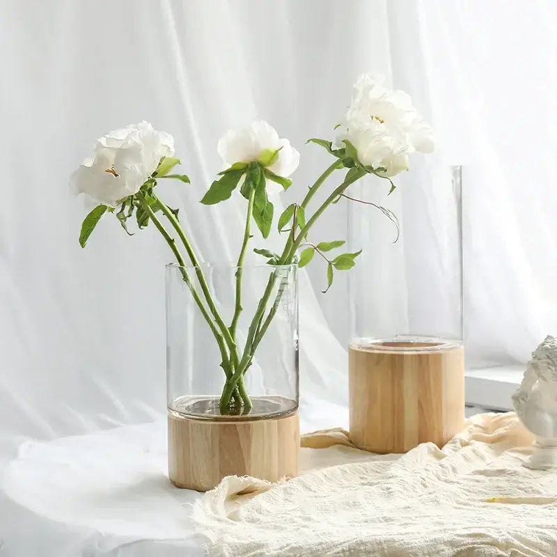 Vaso in Stile nordico "Safari" - in vetro e legno in due colorazioni - multiuso per fiori e candele