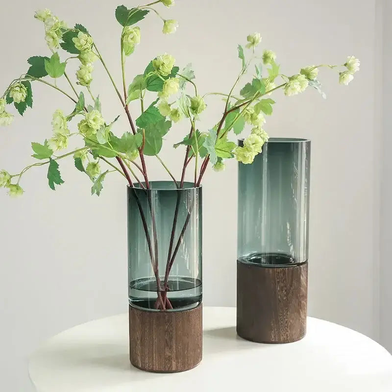 Vaso in Stile nordico "Safari" - in vetro e legno in due colorazioni - multiuso per fiori e candele
