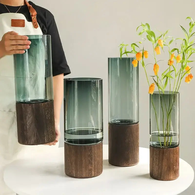 Vaso in Stile nordico "Safari" - in vetro e legno in due colorazioni - multiuso per fiori e candele