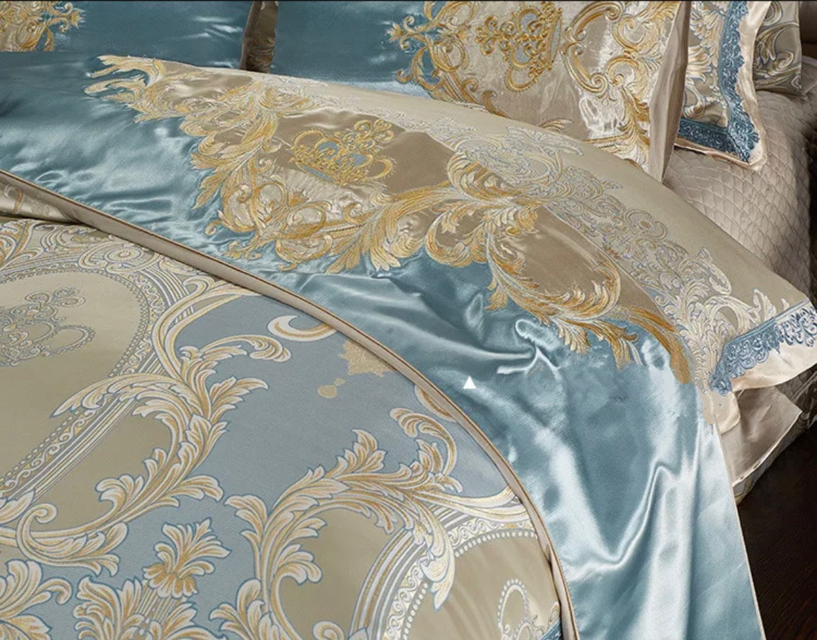 Set Biancheria Letto "Costa Azzura Jacquard" - in Cotone Egiziano premium in Stile Jacquard in toni di Azzurro.