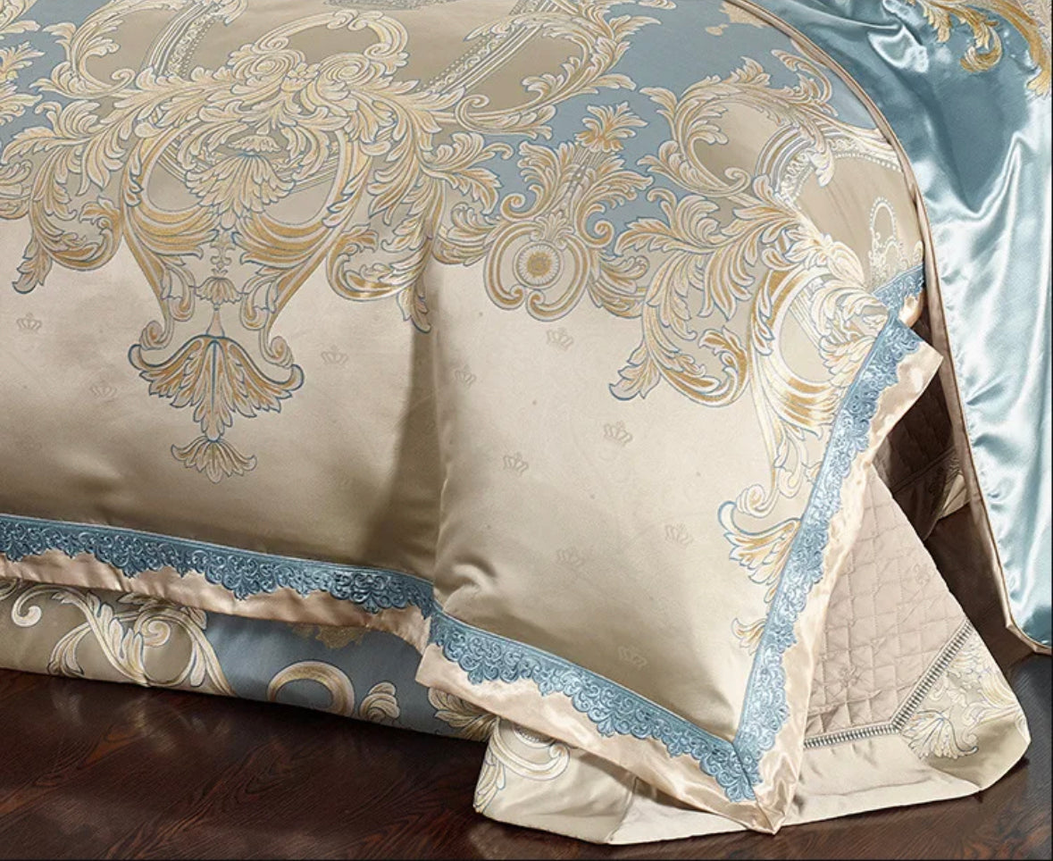 Set Biancheria Letto "Costa Azzura Jacquard" - in Cotone Egiziano premium in Stile Jacquard in toni di Azzurro.