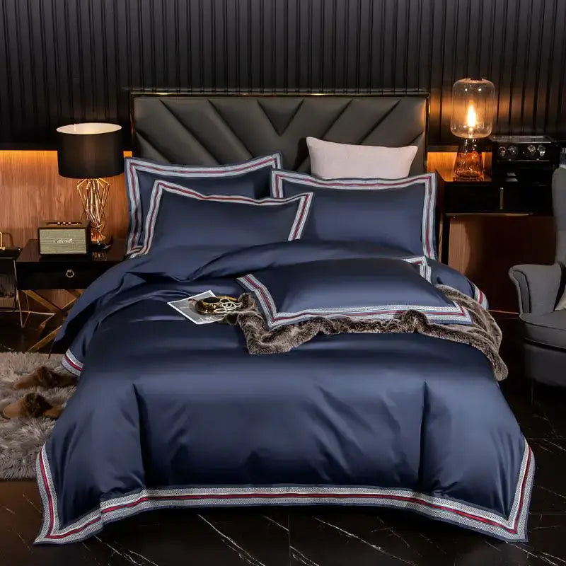Set Biancheria da Letto "Blue Shade Costa Azzurra" - in Cotone Egiziano prime quality e inserti in raso.