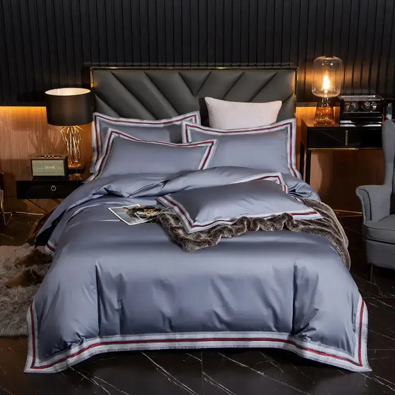 Set Biancheria da Letto "Blue Shade Costa Azzurra" - in Cotone Egiziano prime quality e inserti in raso.
