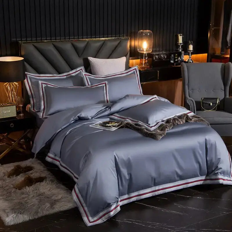 Set Biancheria da Letto "Blue Shade Costa Azzurra" - in Cotone Egiziano prime quality e inserti in raso.