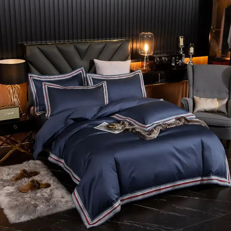 Set Biancheria da Letto "Blue Shade Costa Azzurra" - in Cotone Egiziano prime quality e inserti in raso.