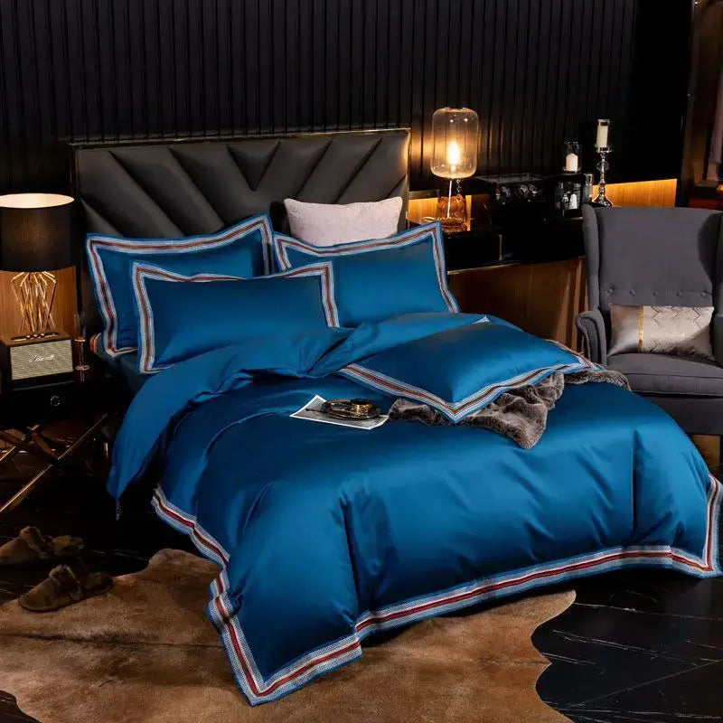 Set Biancheria da Letto "Blue Shade Costa Azzurra" - in Cotone Egiziano prime quality e inserti in raso.