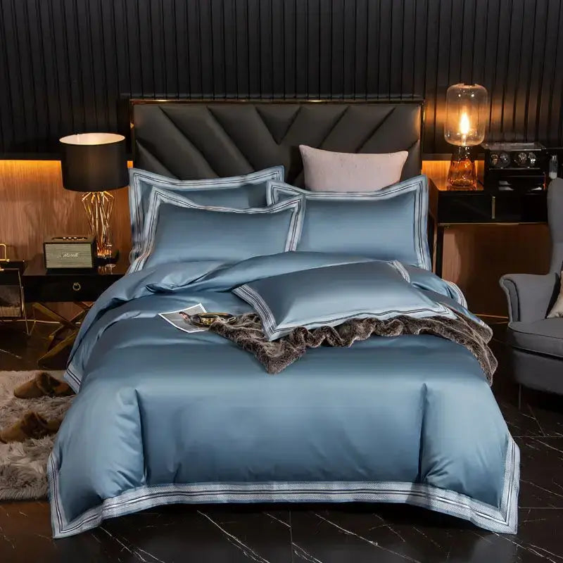 Set Biancheria da Letto "Blue Shade Costa Azzurra" - in Cotone Egiziano prime quality e inserti in raso.
