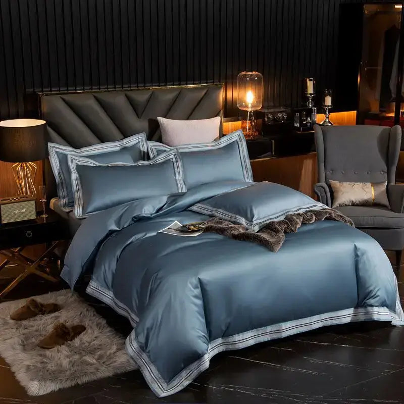 Set Biancheria da Letto "Blue Shade Costa Azzurra" - in Cotone Egiziano prime quality e inserti in raso.