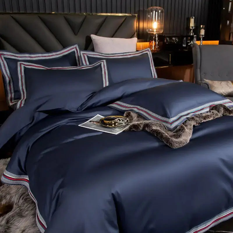 Set Biancheria da Letto "Blue Shade Costa Azzurra" - in Cotone Egiziano prime quality e inserti in raso.