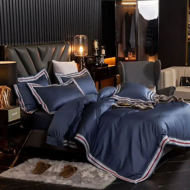 Set Biancheria da Letto "Blue Shade Costa Azzurra" - in Cotone Egiziano prime quality e inserti in raso.
