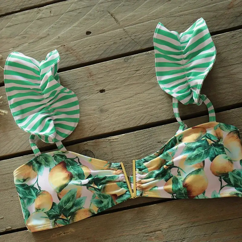 Costume due pezzi "Capri Resort" - Solido con design a volant monospalla a Vita Alta.