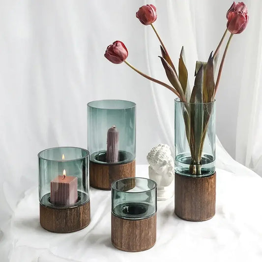 Vaso in Stile nordico "Safari" - in vetro e legno in due colorazioni - multiuso per fiori e candele